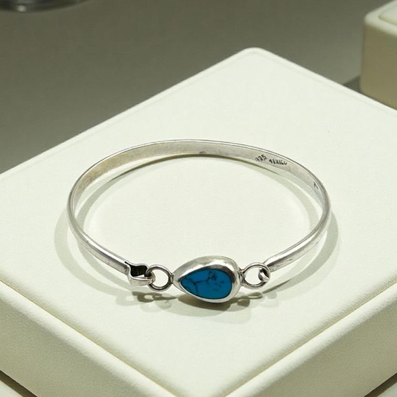925 Sterling Silver and Turquoise Bangle Bracelet 7” Taxco - Picture 1 of 12